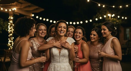 Obraz premium Bride and bridesmaids hugging during a pre-wedding celebration