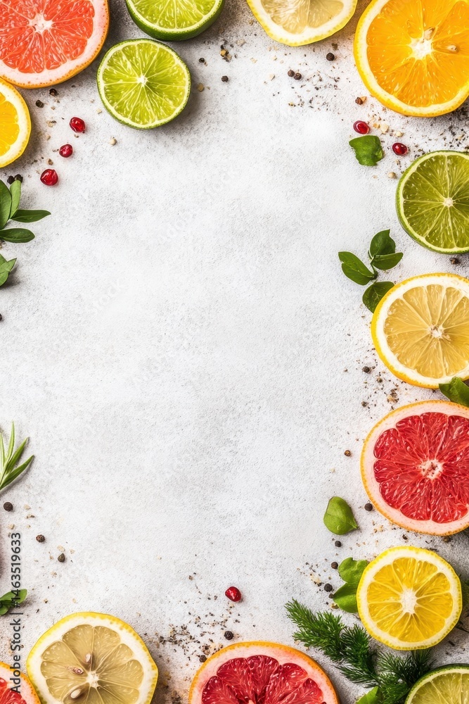 Poster citrus fruits slices bordering empty space overhead shot for recipe or menu design with lime lemon o