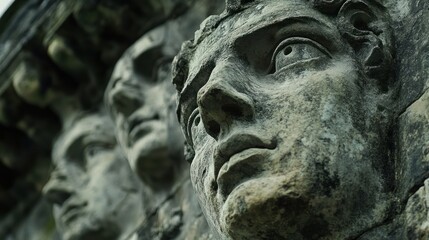 Close-up view of ancient stone sculptures depicting human faces, showcasing intricate details and textures