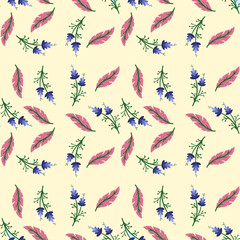 Seamless Pattern with Leaves and Flowers on Light Background