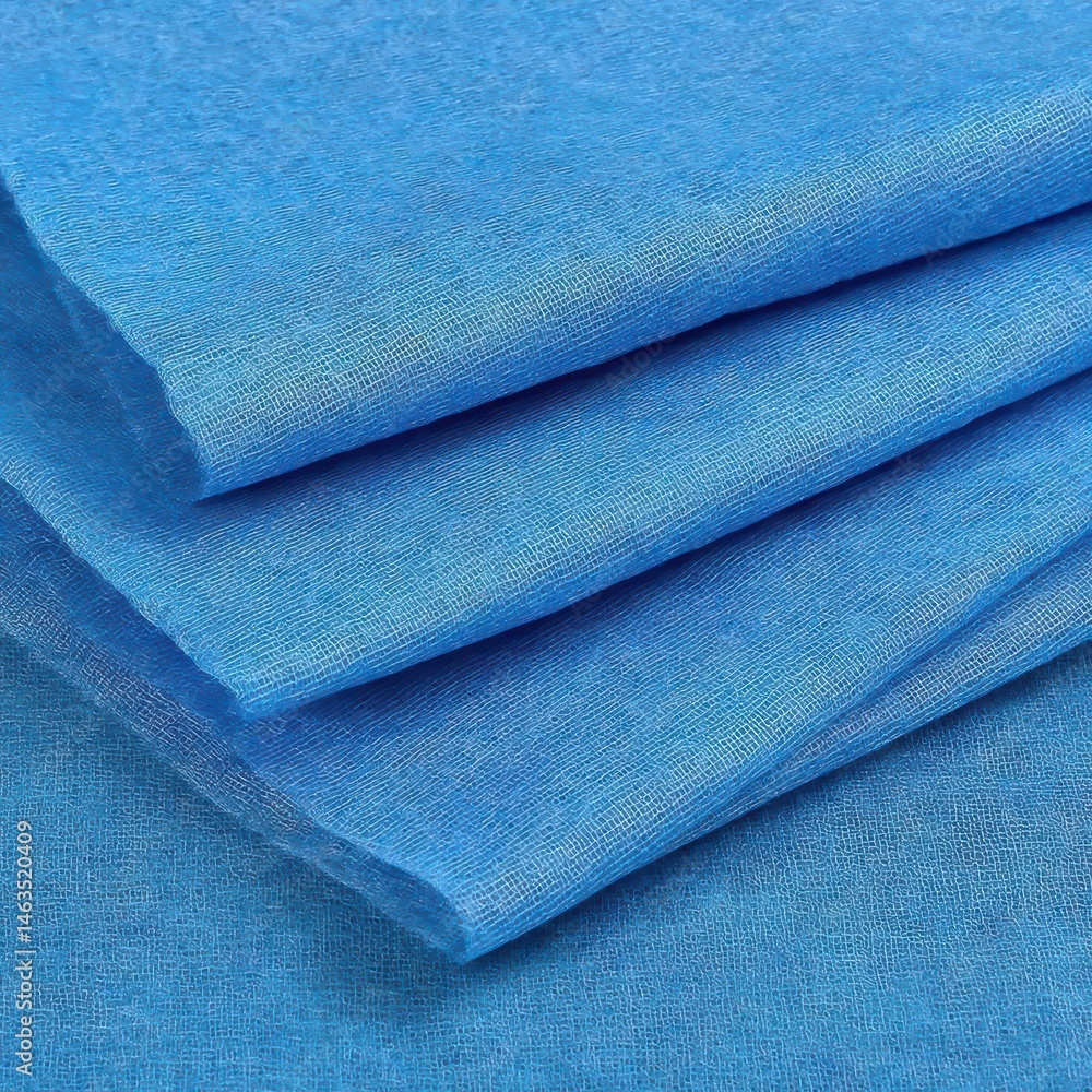Poster close-up of light blue fabric layers in a studio shot showing texture and folds, soft and calming co