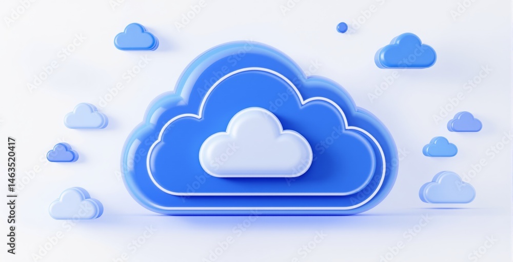 Poster blue cloud icon with smaller surrounding clouds in a minimalist digital style on a light background,