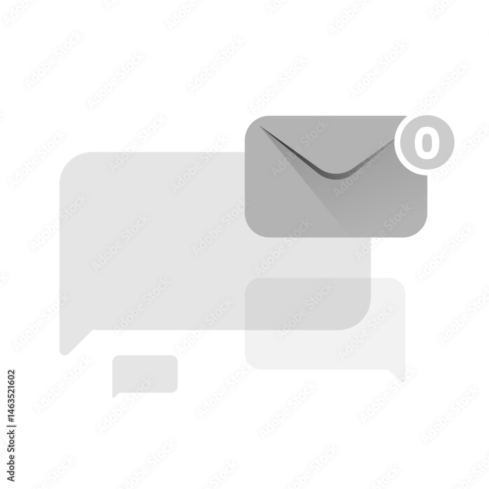 Poster no messages or updates flat illustration. silhouette of chat bubble, envelope, and zero number. conc