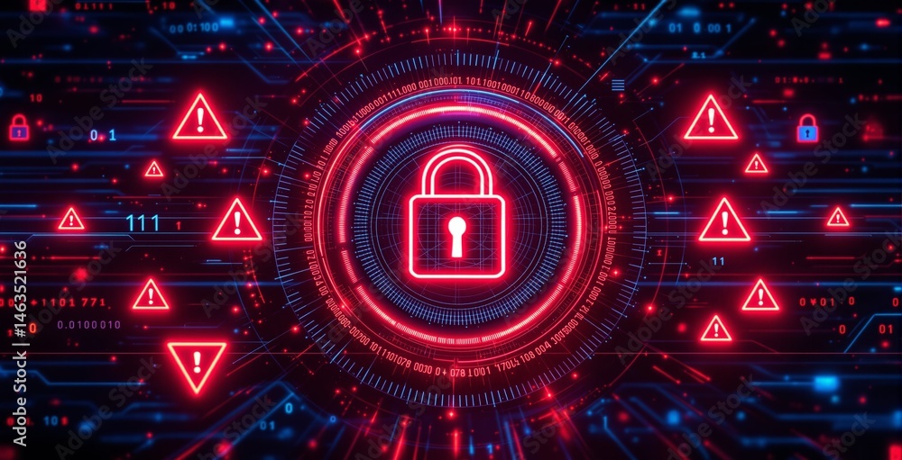 Poster glowing padlock icon with warning signs and binary code on a futuristic digital interface background
