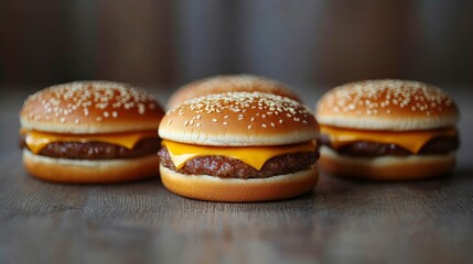 Four Juicy Cheeseburgers on Rustic Wooden Table