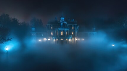 Obraz premium Enigmatic victorian house shrouded in fog at night