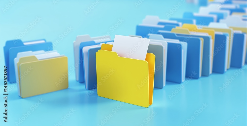 Poster multiple colorful file folders with document inside yellow folder, minimalistic style on bright blue