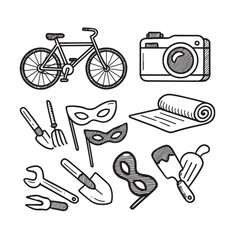 Hand Drawn Hobby and Leisure Activities Icon Collection in Black and White