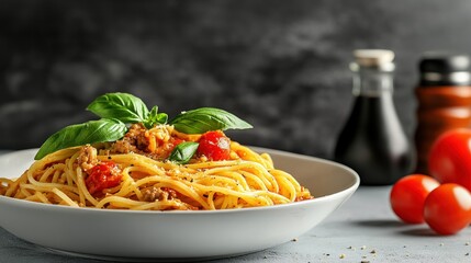 Spaghetti with tomato sauce and basil