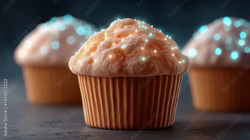 Poster cupcake delight: an enchanting close-up shot of three frosted cupcakes, adorned with a subtle dustin