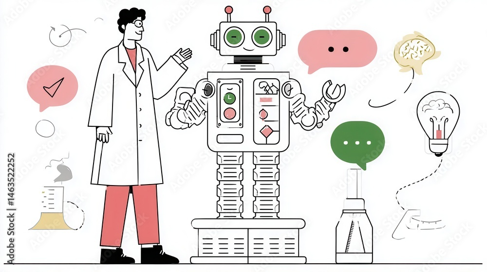 Poster a scientist and a robot in a futuristic discussion.