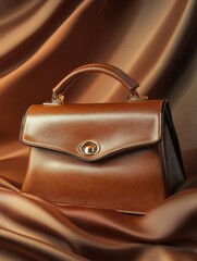 Elegant brown leather handbag resting on shimmering bronze satin fabric in studio lighting fashion product shot