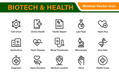Biotech and Health Tech Icon Pack – Clean, Minimalist Line Vector Illustrations for Healthcare, Science, Lab Research, Pharma.