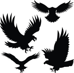 The Set of powerful eagle silhouettes in flight and attack mode shows wide wingspans, sharp talons, and fierce predatory posture. Ideal for wildlife and nature projects.