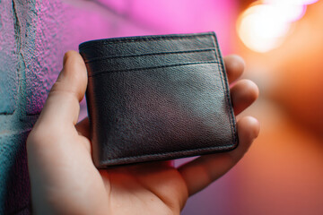 Financial inclusion and access are symbolized by hand holding leather wallet in vibrant urban setting