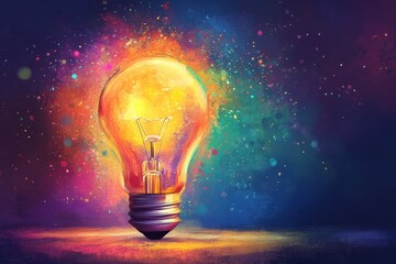 Light Bulb Radiating Creativity in Abstract Colorful Explosion Digital Art Style Concept for Innovation and Ideas