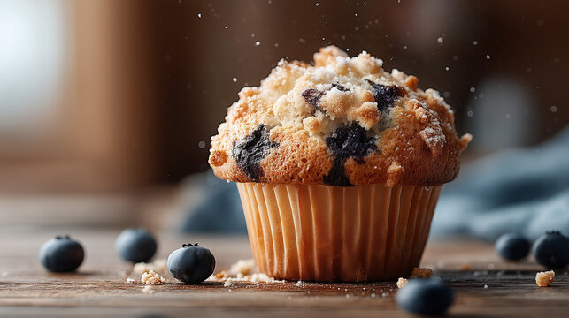 Blueberry Muffin Delight:  A freshly baked blueberry muffin with a crispy crumble topping, glistening with a light dusting of powdered sugar, invites you to take a bite.