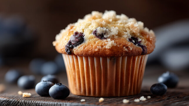 Blueberry Crumble Muffin: A close-up shot of a freshly baked blueberry muffin, with a generous sprinkle of crumble topping and a scattering of blueberries, resting on a rustic wooden surface. - Powered by Adobe