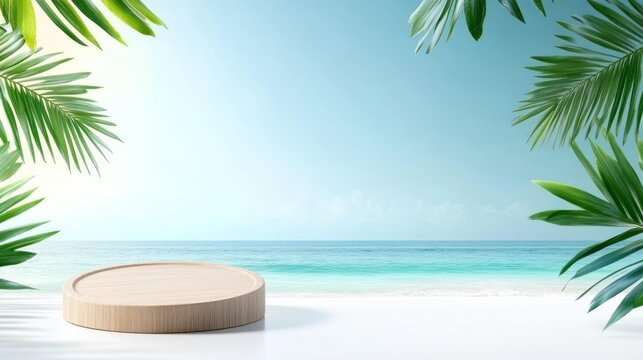 Tropical beach platform minimalist coastal scene with clear sky and turquoise water backdrop