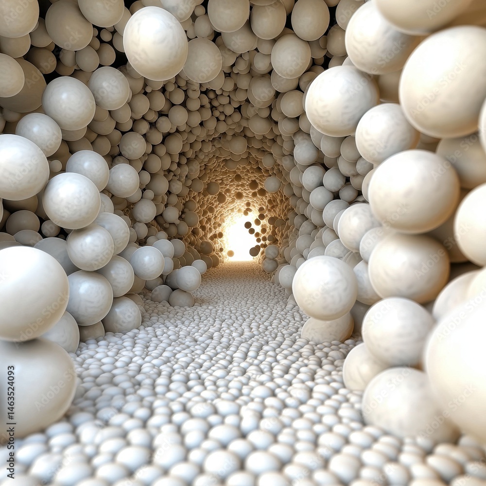 Poster abstract 3d rendering of a tunnel formed by numerous off white spheres, with a bright light at the e