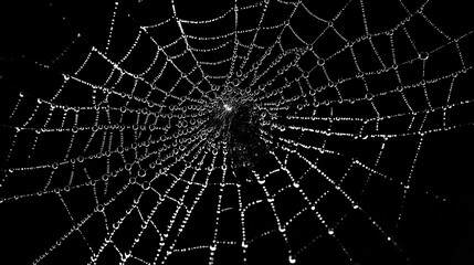 Obraz premium Dew drops on a spiderweb at night