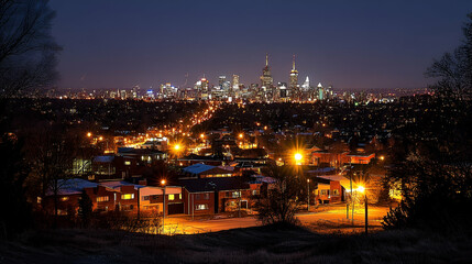 Night City Skyline Panorama with Illuminated Buildings and Residential Areas