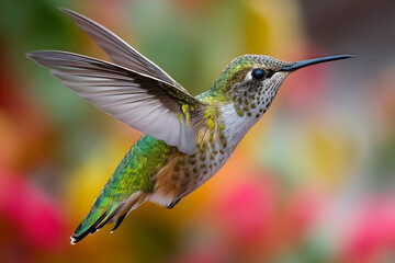 Fototapeta premium Close-up view of a small, vibrant hummingbird in flight.