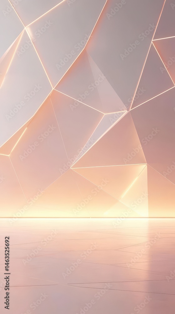 Poster abstract geometric background with triangular shapes and glowing lines in pastel pink and white mode