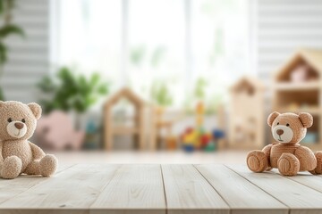 Teddy Bears Sitting on Wooden Table in Playroom, Eye-Level Shot, Interior Design, Childhood, Toys, Playtime, Nursery