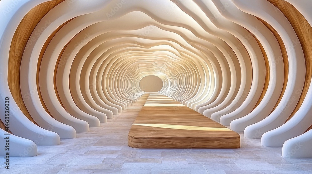 Poster abstract 3d rendering of a futuristic tunnel with off white and gold elements. the pathway leads to 