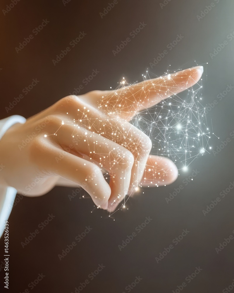 Poster woman's hand touching digital network connection with finger pointing upwards in studio shot represe