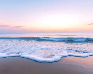 A peaceful beach at dusk with soft pastel colors in the sky and gentle waves