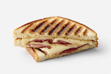 Grilled Ham and Cheese Sandwich Close Up Studio Shot on White Background Delicious Melted Cheese and Toasted Bread
