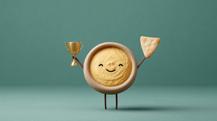 Triumphant Hummus: A cheerful bowl of hummus, celebrating victory with a golden trophy and a tortilla chip, embodying culinary joy and accomplishment.