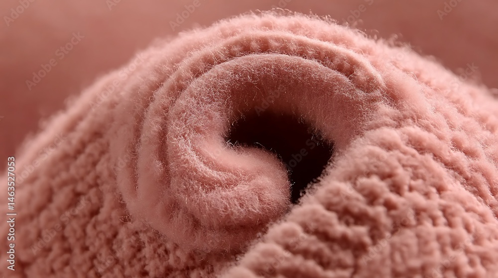 Poster close-up texture of soft pink fabric roll with delicate fibers showing