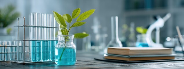 A small plant in a beaker, surrounded by test tubes and lab equipment