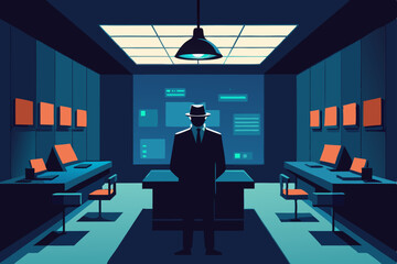 secret agent briefing room with hidden screens 