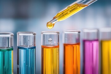 Dropper dispensing colored liquid into test tubes.  Colorful chemical solutions in various test tubes.  Precise liquid transfer.  Scientific experiment in progress