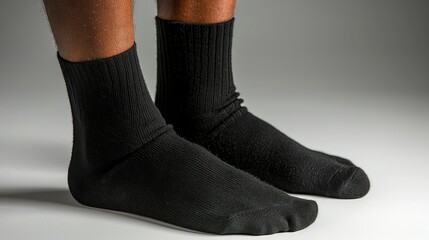Close-up view of two dark-colored athletic socks on feet.