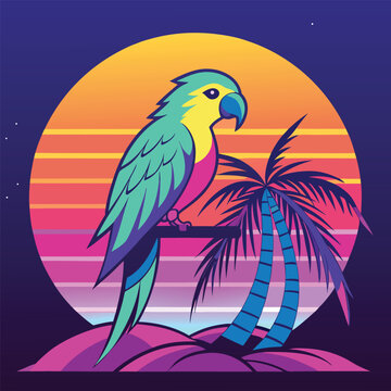 Cartoon macaw parrot on a tropical beach with a palm tree branch and exotic flowers, a cute vector illustration of wildlife nature