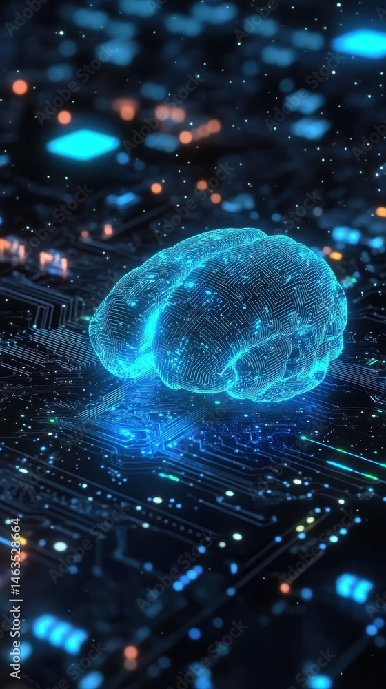 Poster artificial intelligence brain on circuit board close up futuristic neural network concept