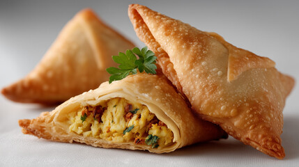 Samosas's savory delight: A close-up shot of golden, crispy samosas, each meticulously crafted with a flavorful filling, promising a delicious culinary experience.