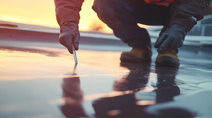 Obraz premium Worker Applying Sealant on a Reflective Surface