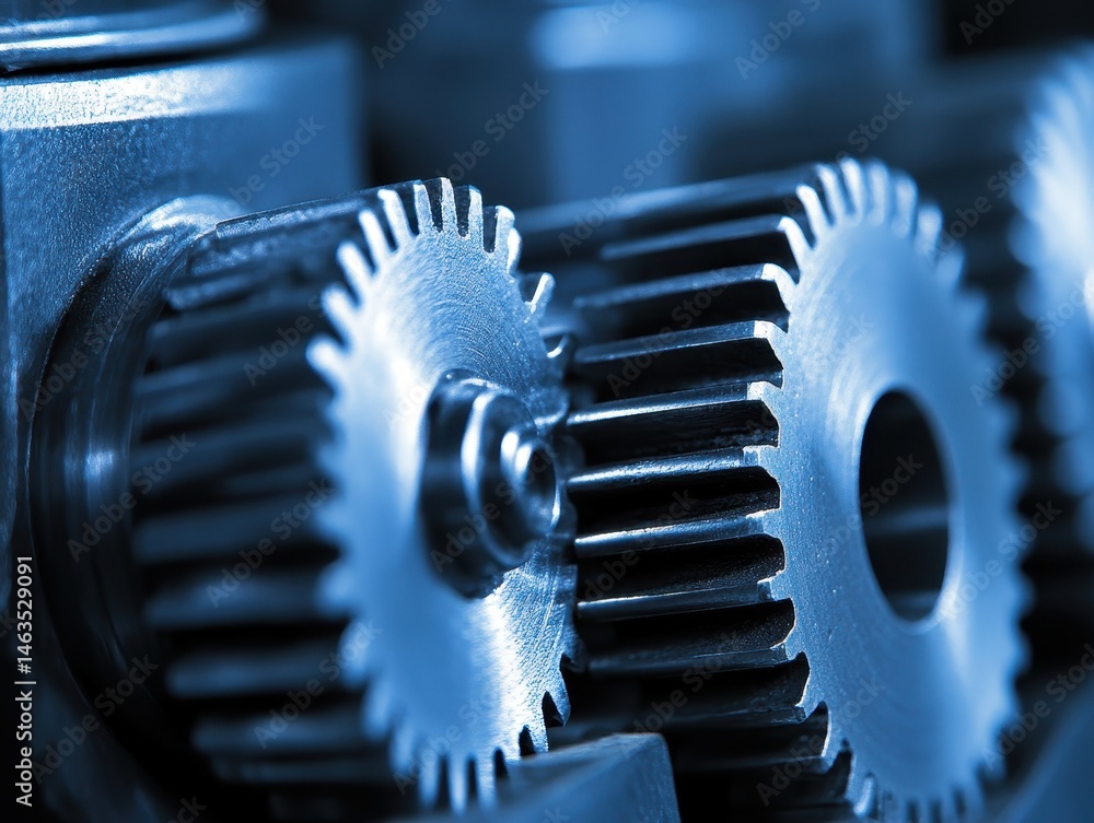 Poster macro shot of interlocking metal gears in motion; close-up of machine parts, engineering precision, 