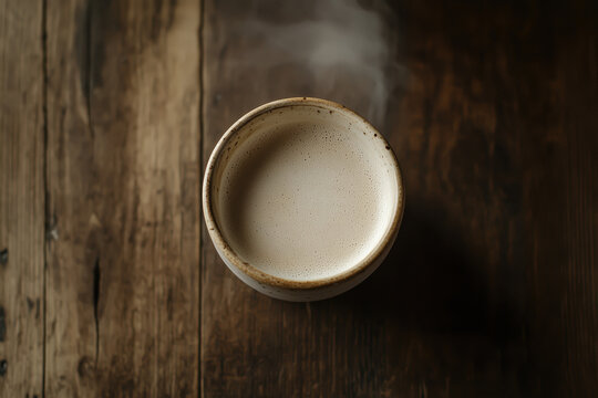 Overhead shot of a steaming foamy latte in a small ceramic bowl on a rustic wooden table