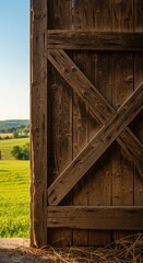Naklejka premium Rustic wooden barn door overlooking green pasture. Traditional farm architecture. Rural countryside landscape. Agricultural building entrance with scenic view for countryside living concept