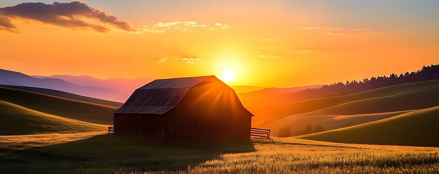 A peaceful countryside scene with a barn silhouetted against a dramatic sunset surrounded by rolling hills