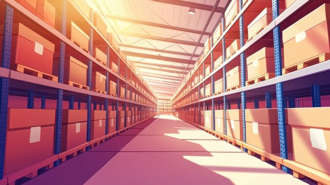 Warehouse Interior Shelves with Boxes Perspective Illustration Style Logistics Distribution Storage Delivery