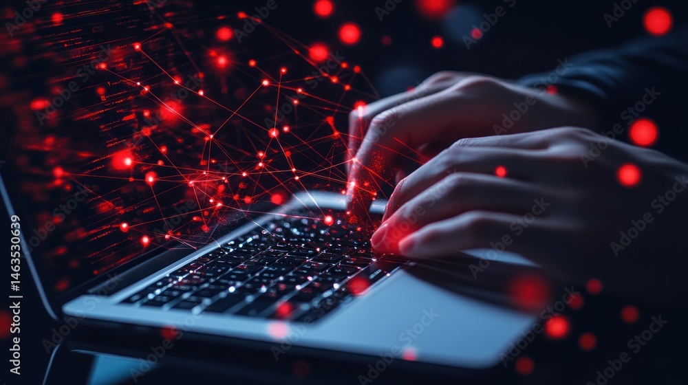 Poster hands typing on laptop keyboard with red network connection graphic