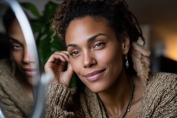 A joyful woman poses with a smile in a cozy room filled with plants, radiating happiness and a sense of connection with nature, captured in warm sunlight.